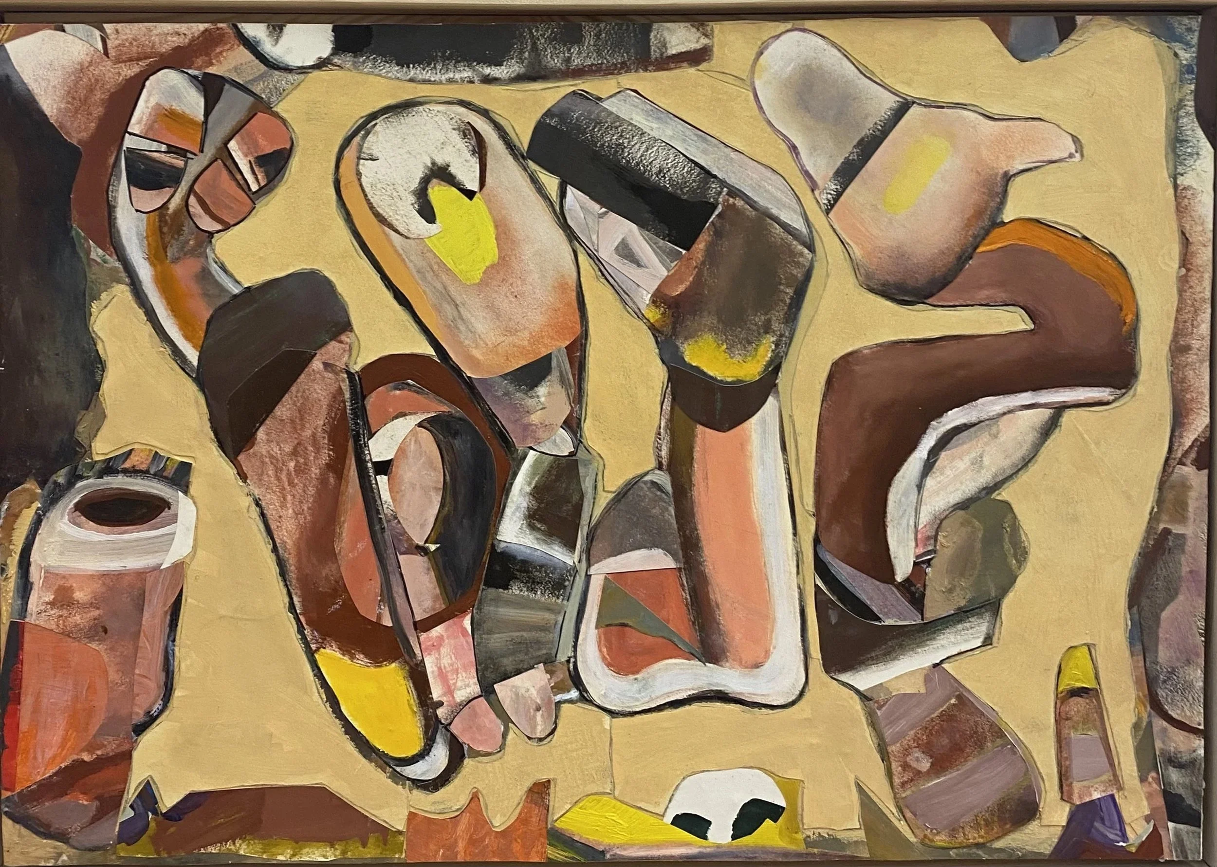 "hello there", 2025; 59.5 x 42.5 cm, Kollage mit Ölfarbe bemaltem Papier auf Spanplatte geklebt