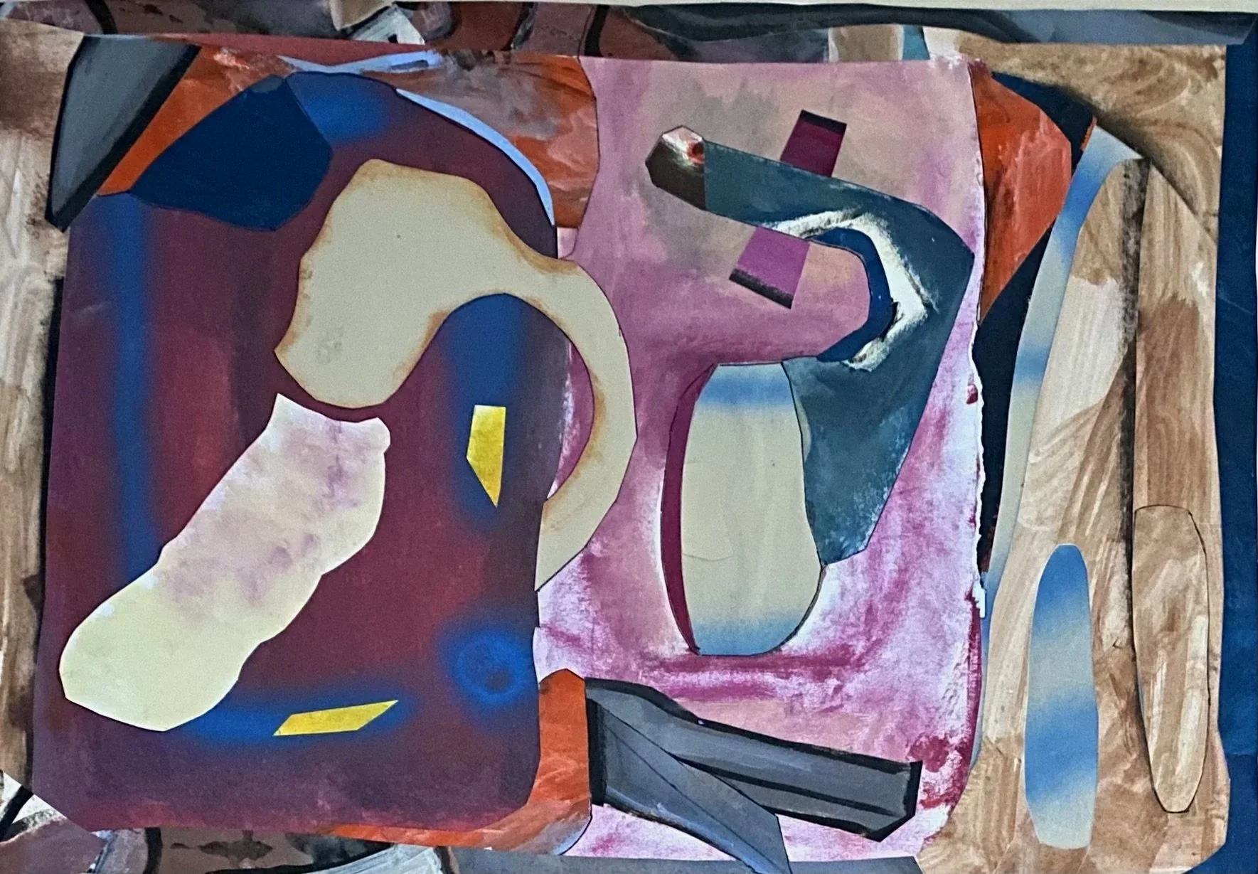 "Wulscht", 2025;  59 x 41.5 cm,  Kollage mit Ölfarbe bemaltem Papier auf Spanplatte geklebt