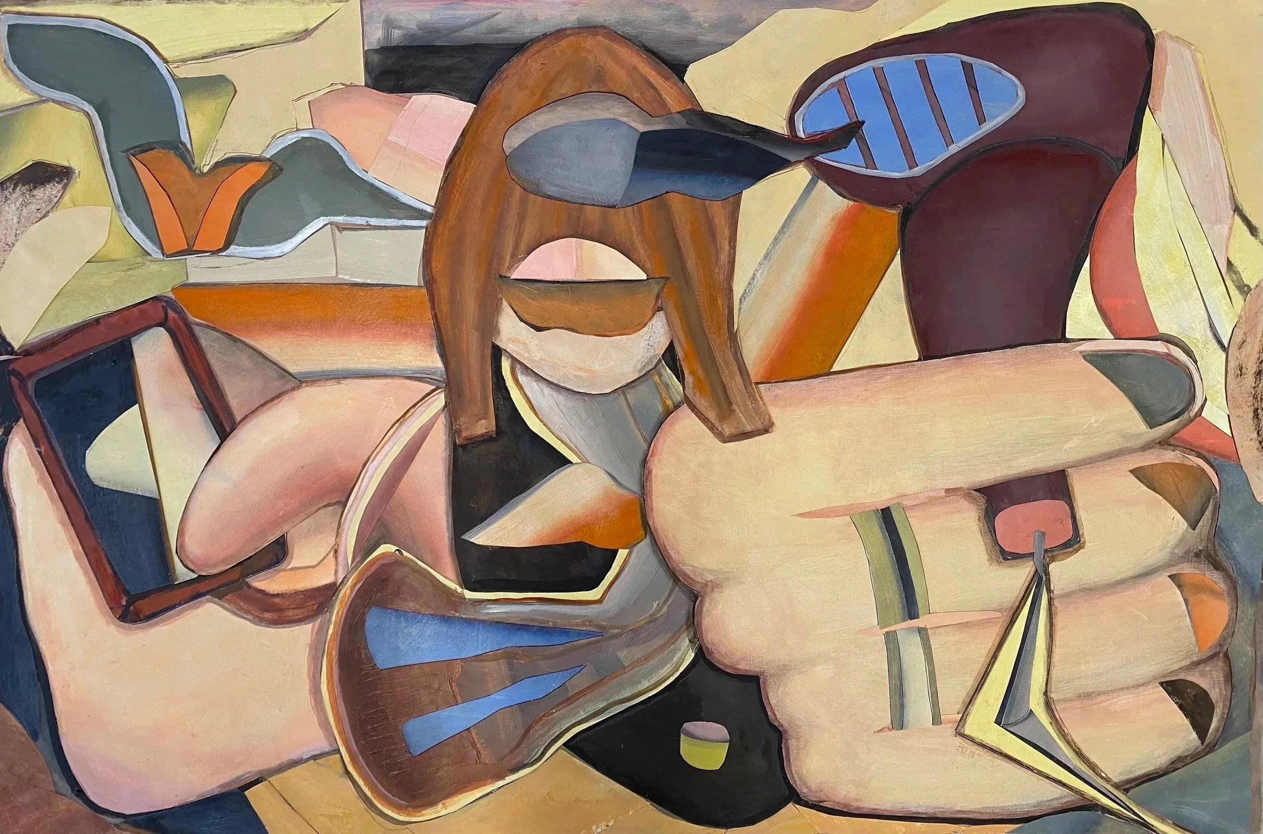 "Multitask", 2025; 60 x 90 cm, Kollage von bemaltem Papier, auf Leinwand geklebt
