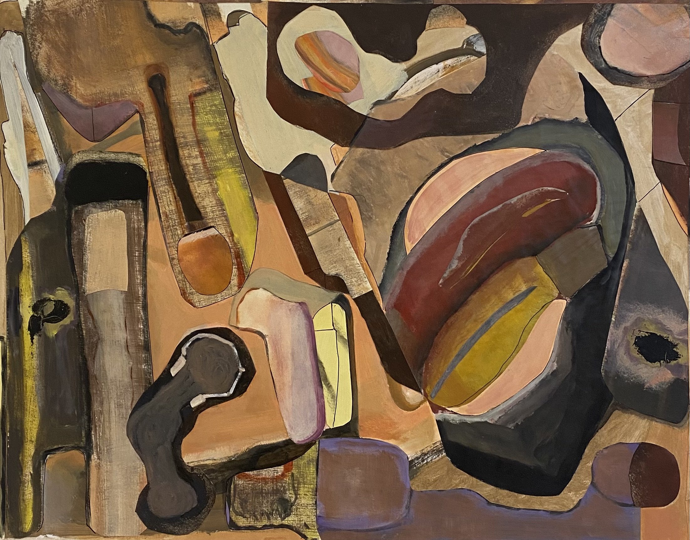 "Eggplant", 2025; 65 x 50 cm, Kollage mit Ölfarbe bemaltem Papier auf Spanplatte geklebt