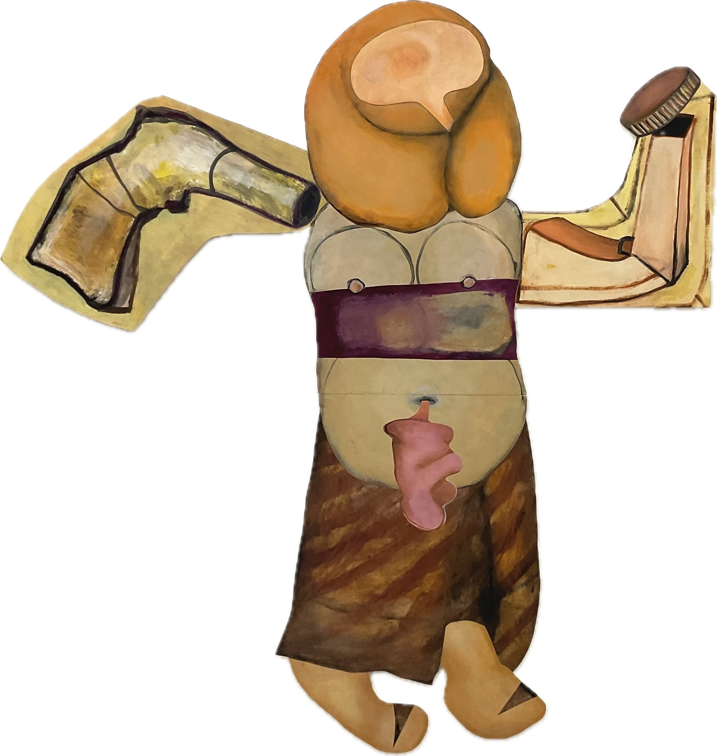 "Figur C", 2025; Kollage mit bemaltem Papier auf Leichtstoffplatte geklebt/

GEDANKEN DAZU:

Figur C wirkt auf den ersten Blick, wie eine Revolverheldin , im Stile "Anny geht your gun".
Beim zweiten Blick, stellt man fest, dass sie auf sich selber zi