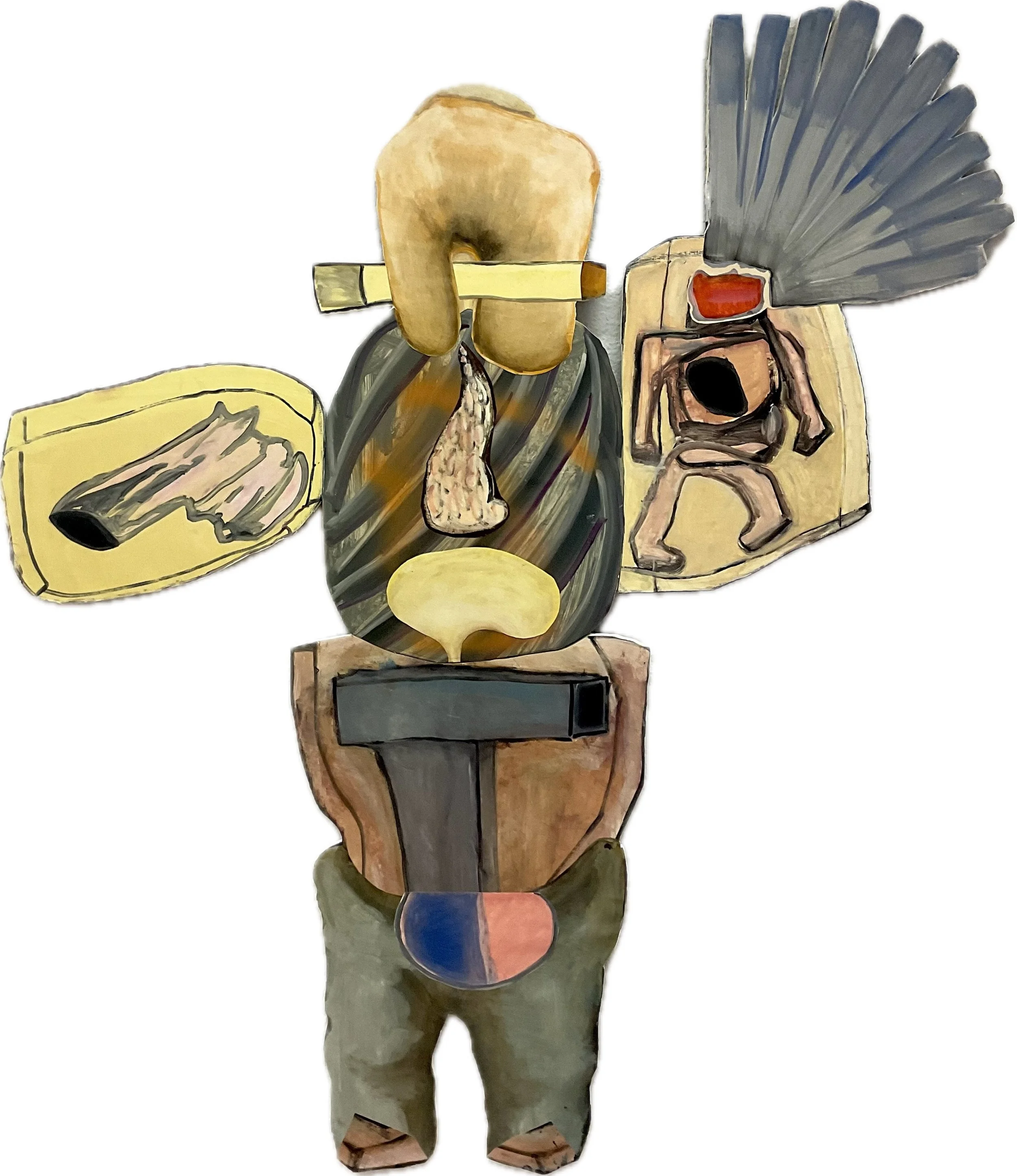 "Figur A", 2025; Kollage mit bemaltem Papier auf Leichtstoffplatte geklebt/

GEDANKEN DAZU: 
Figur A könnte jemanden personifizieren, der sich gerne als "Siebesiäch" sieht. Eine Mischung von "Indianerlis" und Raubein. Aber auch er ist bloss ein Mensc