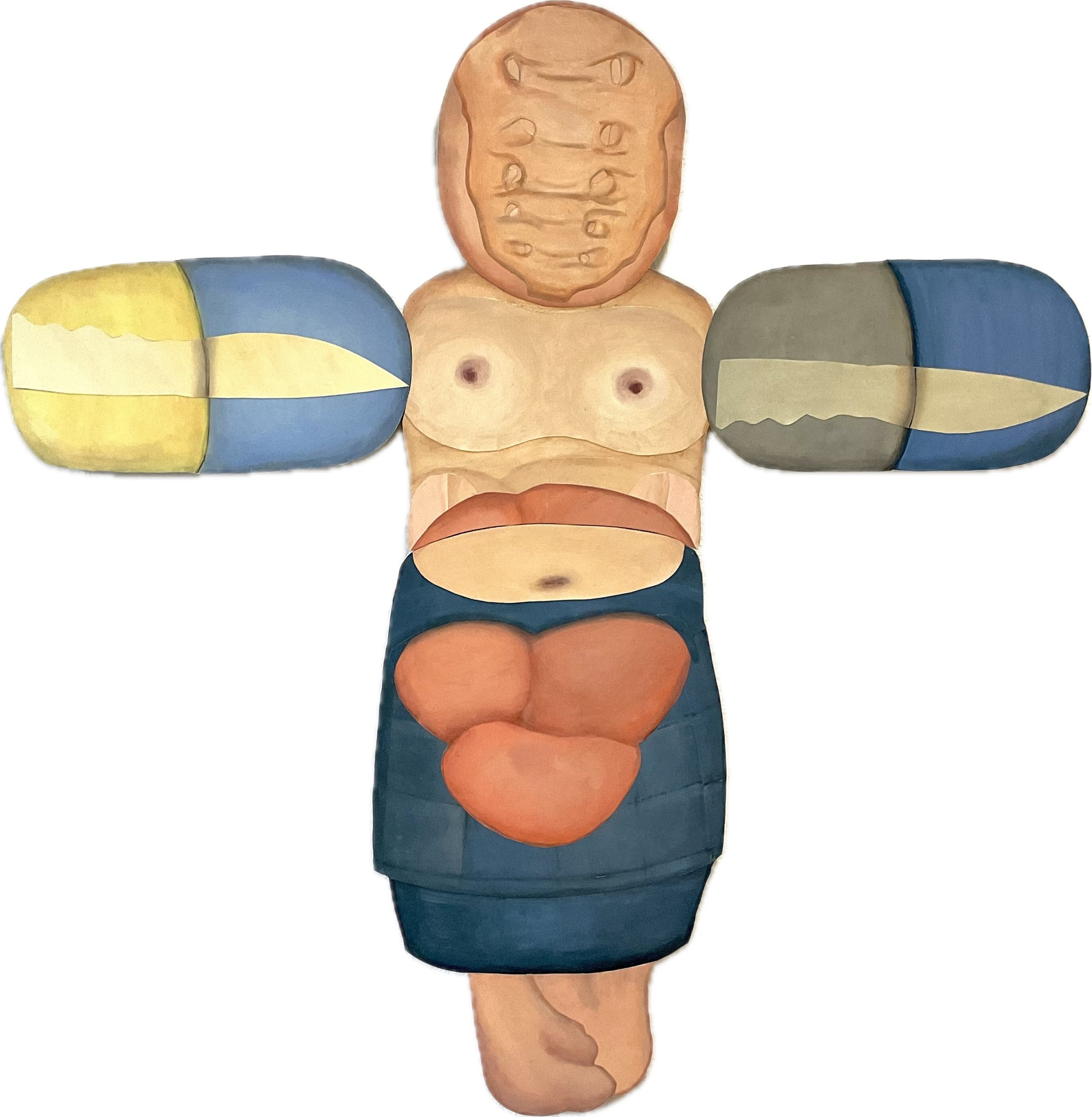 "Figur B", 2025; Kollage mit bemaltem Papier auf Leichtstoffplatte geklebt/

GEDANKEN DAZU: 
Diese Figur ist auf dem Weg zur Erleuchtung. Dazu greift sie auch zu Tabletten. Nicht mehr von dieser Welt... posierend, wie am Kreuz. Das Kreuzbein, auf Lat