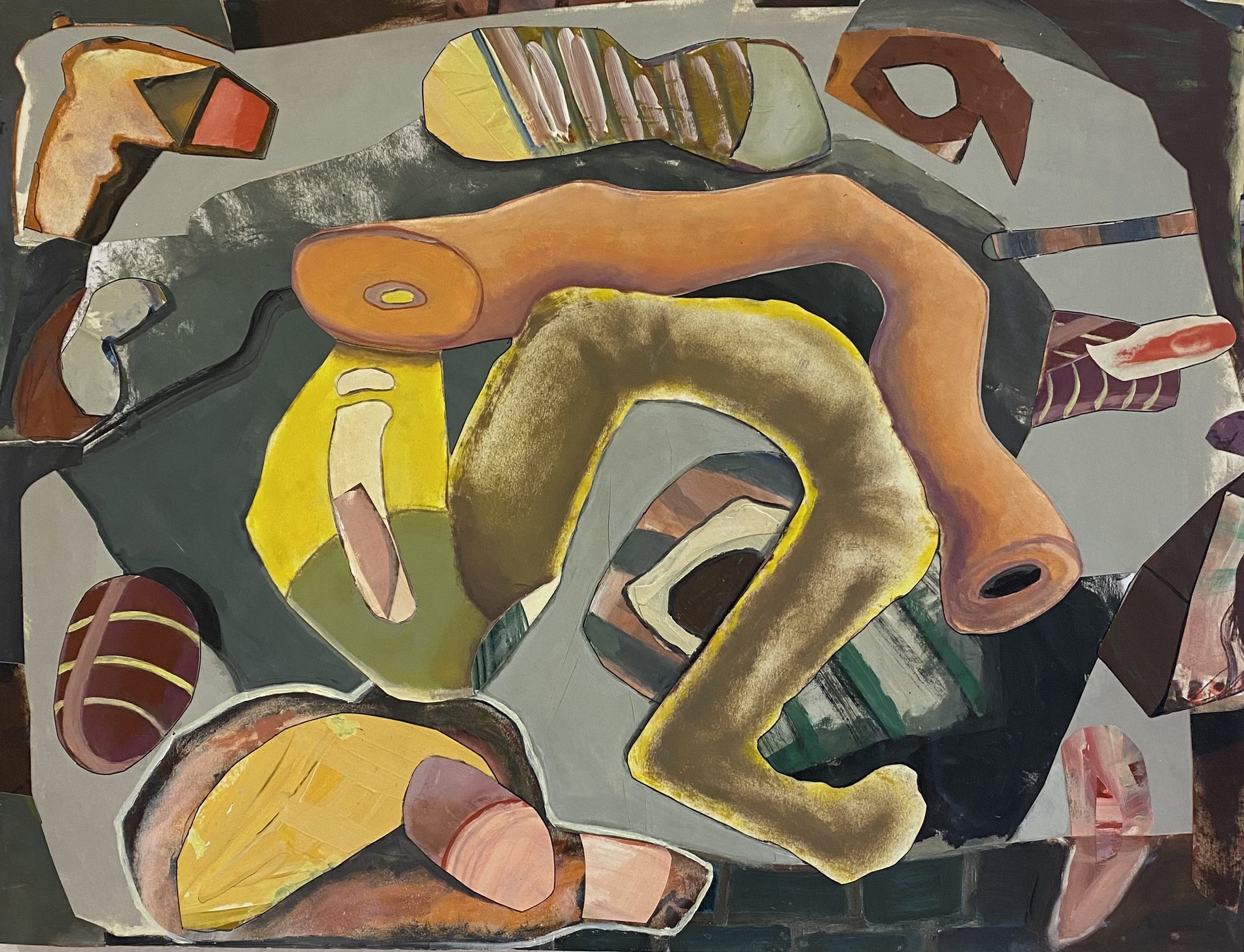 "Röhrling", 2025; 65 x 50 cm, Kollage mit Ölfarbe bemaltem Papier auf Spanplatte geklebt