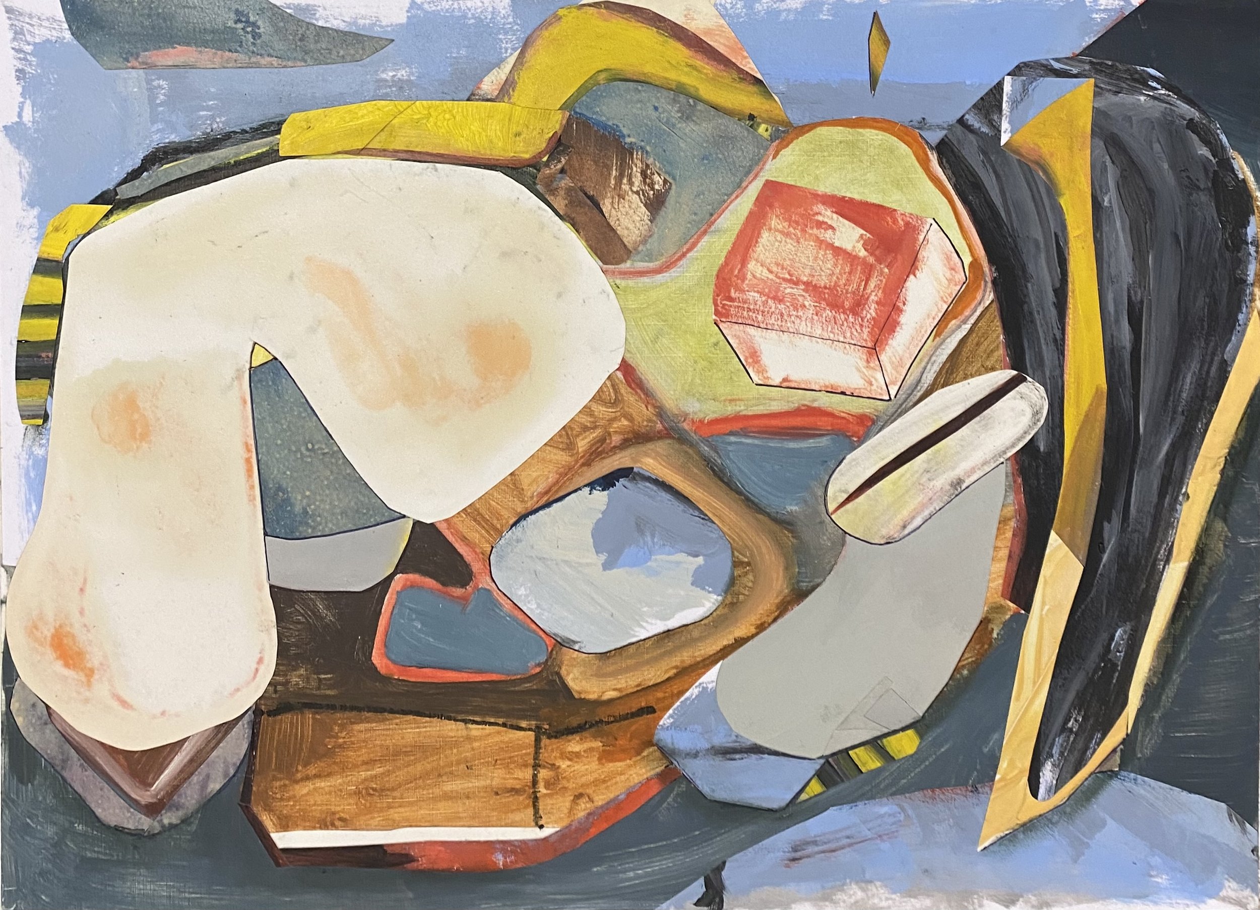 "come2gether", 2025; 50 x 37.5 cm, Kollage mit Ölfarbe bemaltem Papier auf Spanplatte geklebt