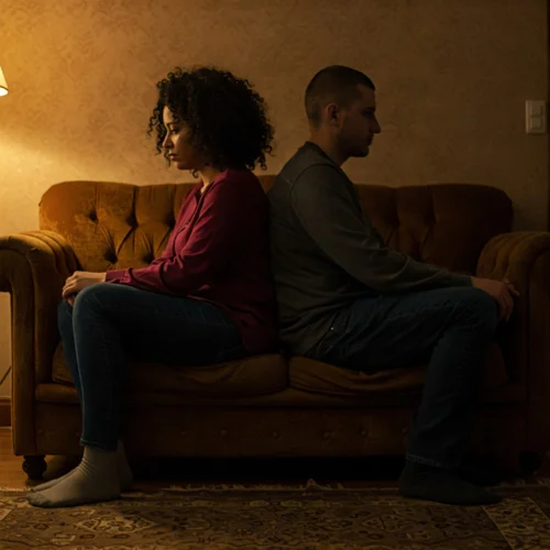 Eltern sitzen distanziert – Beziehungskrise in der Familie