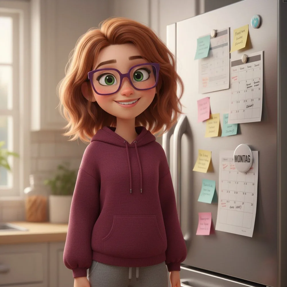 Cartoon-Illustration im Pixar-Stil: Andi mit rotbraunem Haar, violetter Brille und weinrotem Hoodie steht in einer hellen Küche vor einem Kühlschrank mit Post-its und Kalender. Ein Magnet zeigt „Montag“. Symbolbild für die 3 Notfall-Sätze und die 4 Montags-Tipps für Mamas im Chaos.