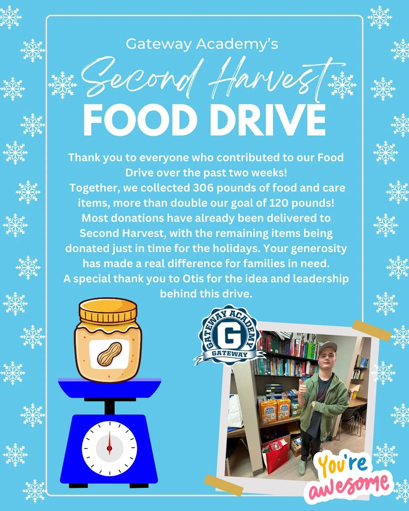 306 pounds collected. 
One incredible community.
Thank you to everyone who supported Gateway Academy&rsquo;s Second Harvest Food Drive, and a special shoutout to Otis for leading the way!