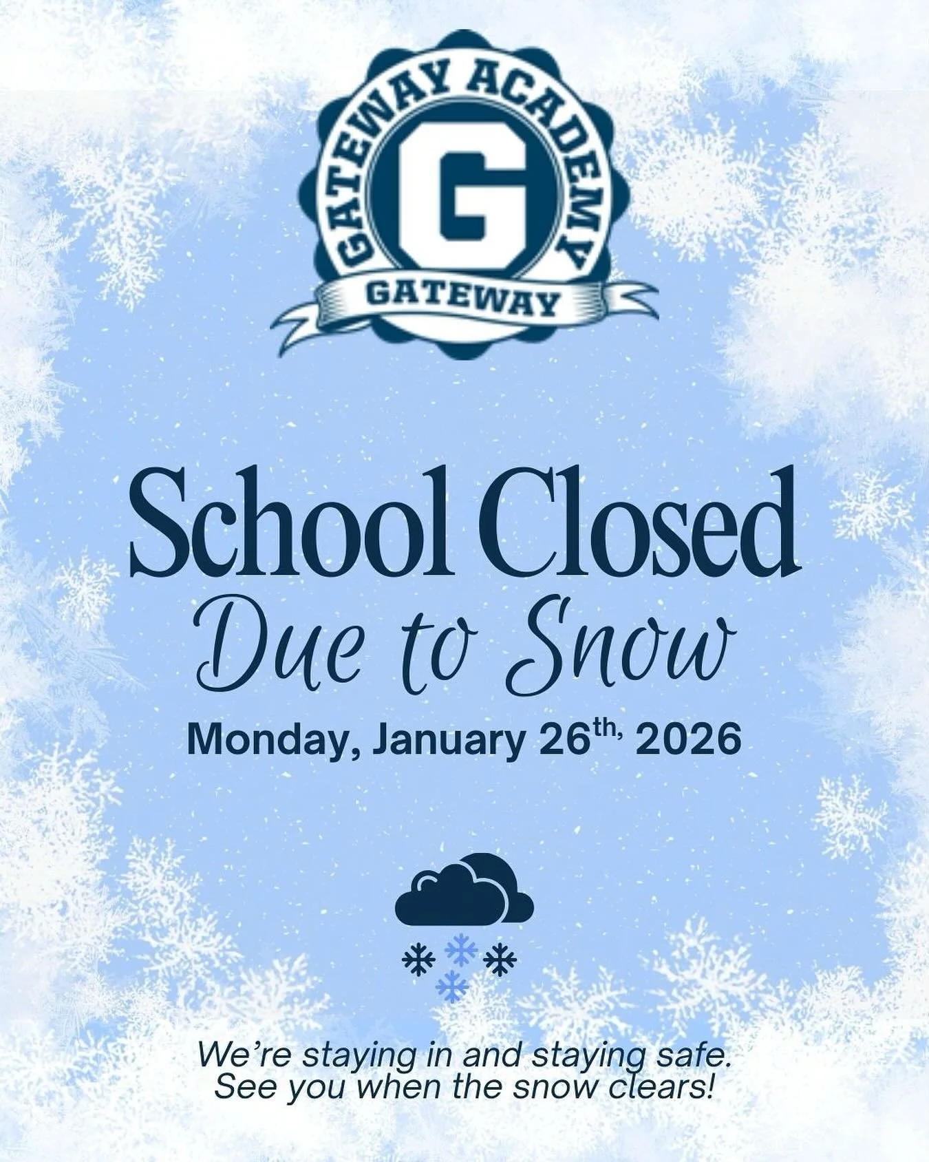 ❄️ Weather Update ❄️

Gateway Academy will be closed on Monday, January 26th, 2026, due to snow.

We&rsquo;re staying in and staying safe. See you when the snow clears!