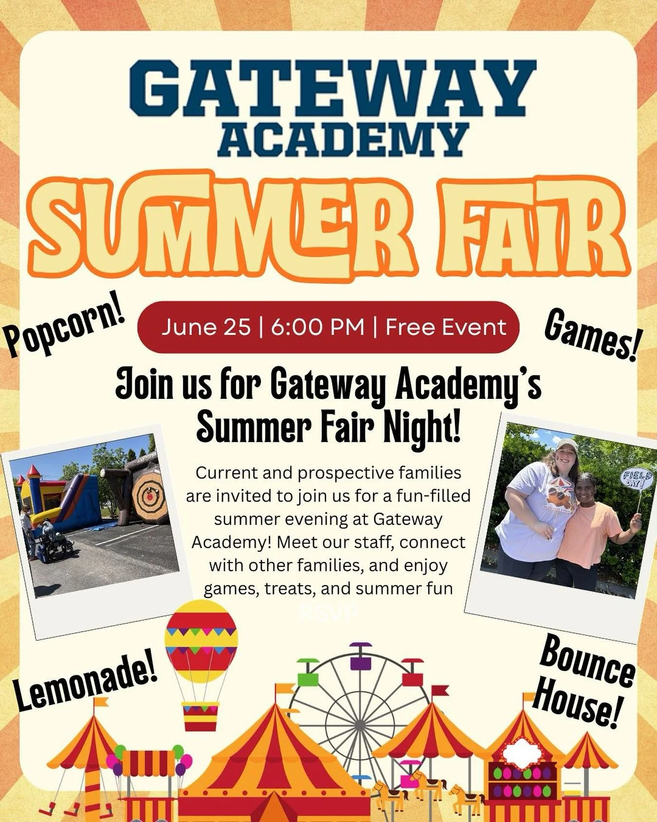 🍋🎡 What if summer school came with popcorn, games, and a bounce house?

Join us for Gateway Academy&rsquo;s Summer Fair Night on June 25 at 6:00 PM!
We can&rsquo;t wait to welcome current and prospective families for a fun-filled evening of connect