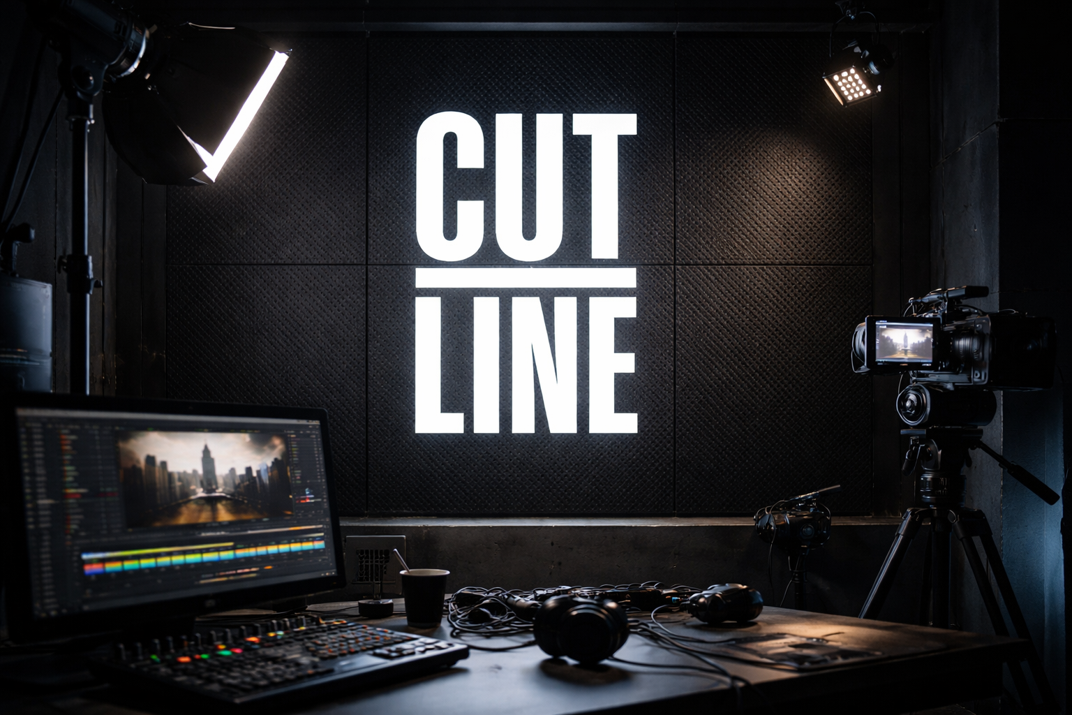 Video production studio with CUT LINE sign.png