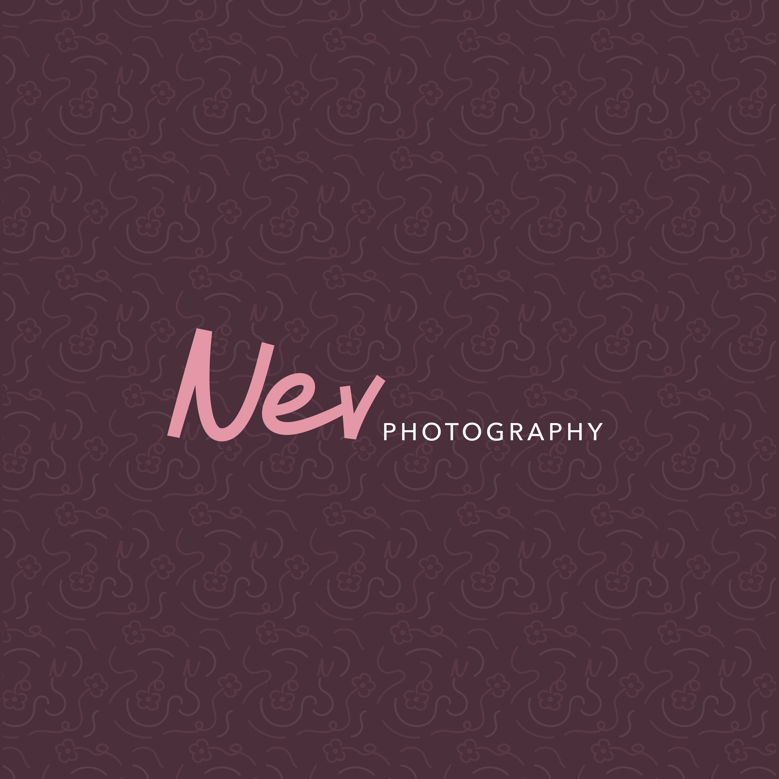 Close-up of a dark background with light pink cursive text reading 'Alex' and smaller white text below that reads 'PHOTOGRAPHY', with a pattern of small flowers and lines.