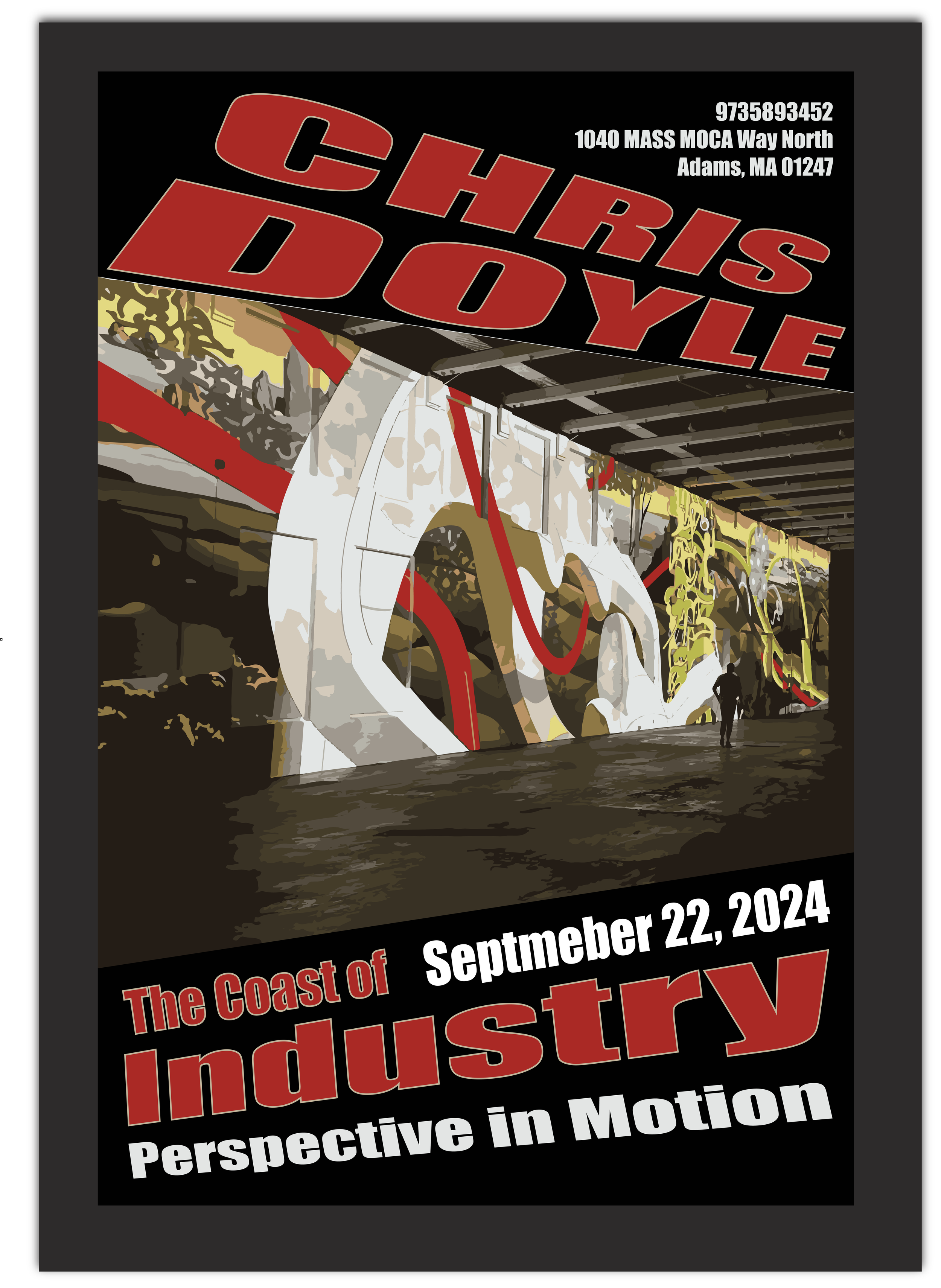 Poster for 'Chris Doyle', featuring a stylized illustration of large industrial graffiti under a bridge with a person walking underneath. Event details include date September 22, 2024, titled 'The Coast of Industry Perspective in Motion'.