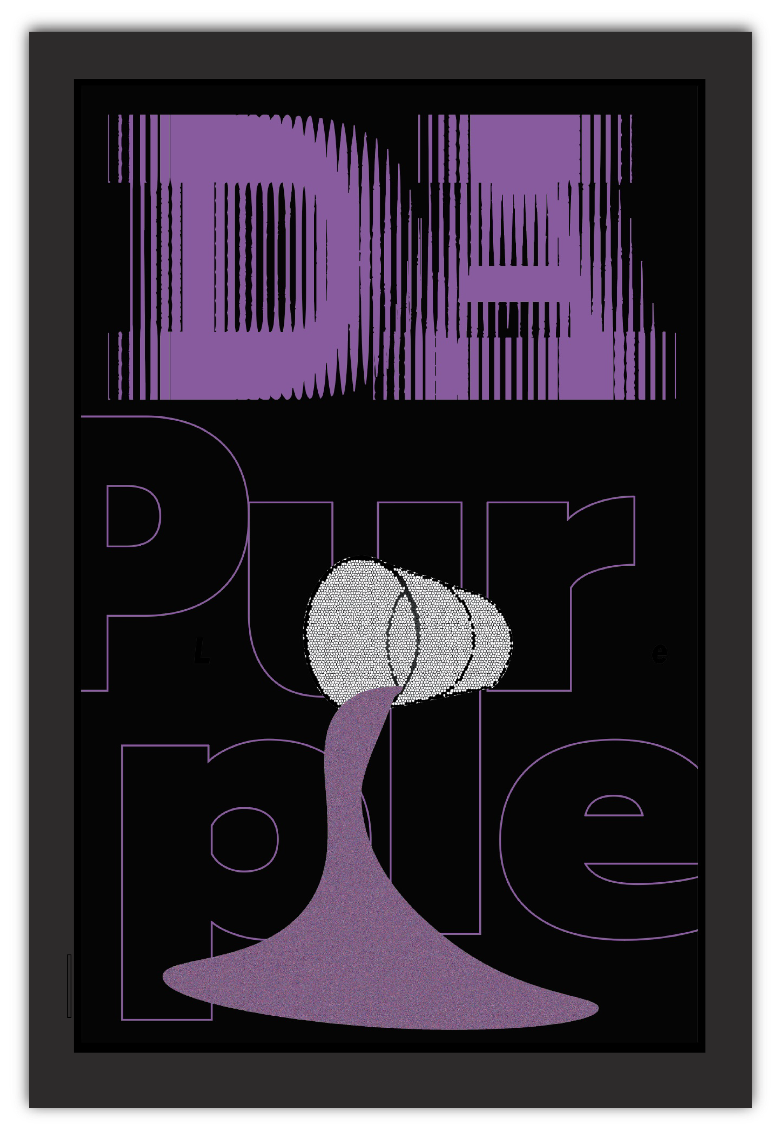A digital illustration with the words 'DAD' and 'Purple' in stylized text, featuring a purple liquid pouring from a white container onto a black background.
