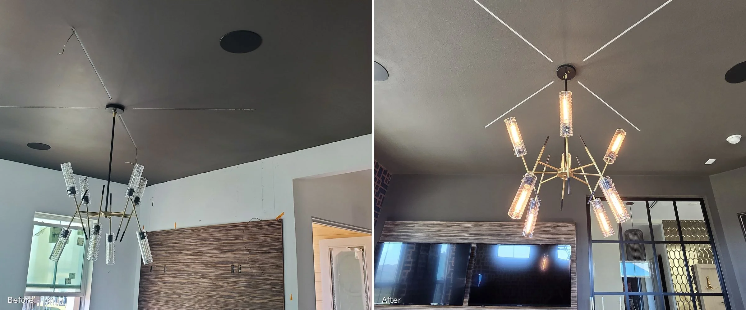 Game room ceiling before, with a chandelier and in-ceiling speakers, next to the finished room with flush in-ceiling speakers and two wall-mounted TVs.