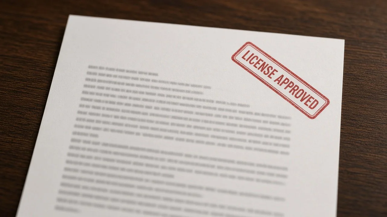 Red License Approved stamp on a document