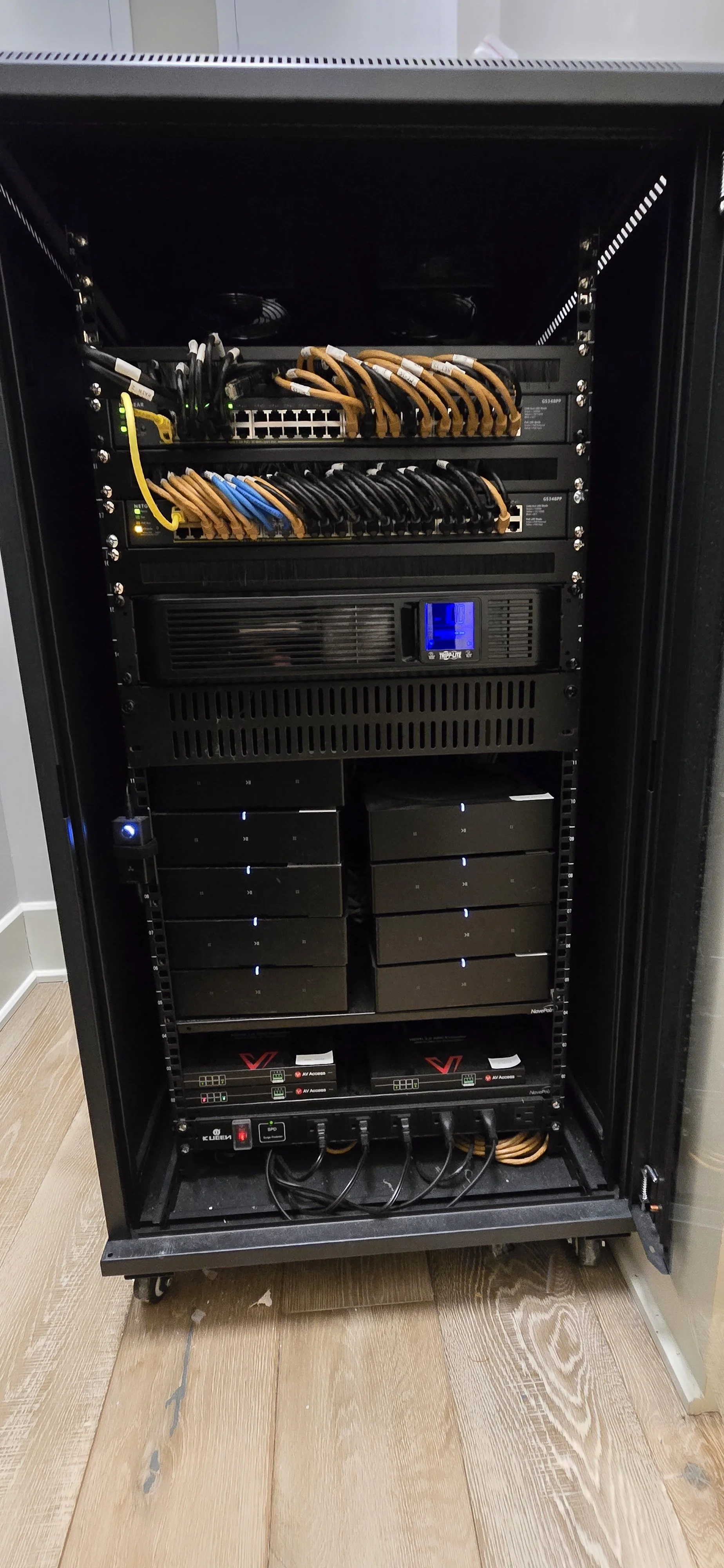 Labeled equipment rack with organized network wiring and AV gear
