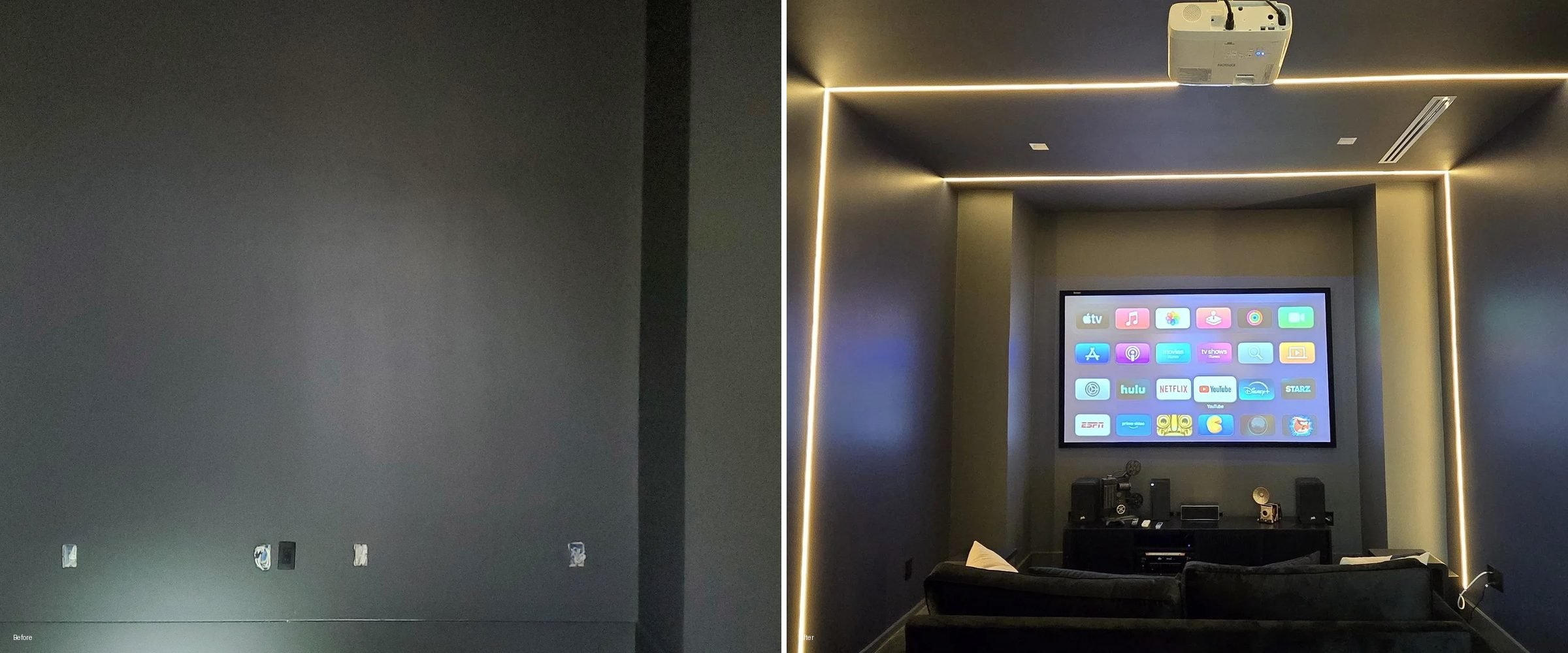 Theater wall before, bare dark walls with a few outlets, next to the finished blacked-out theater with a projector, recessed LED lighting, and a projected screen.