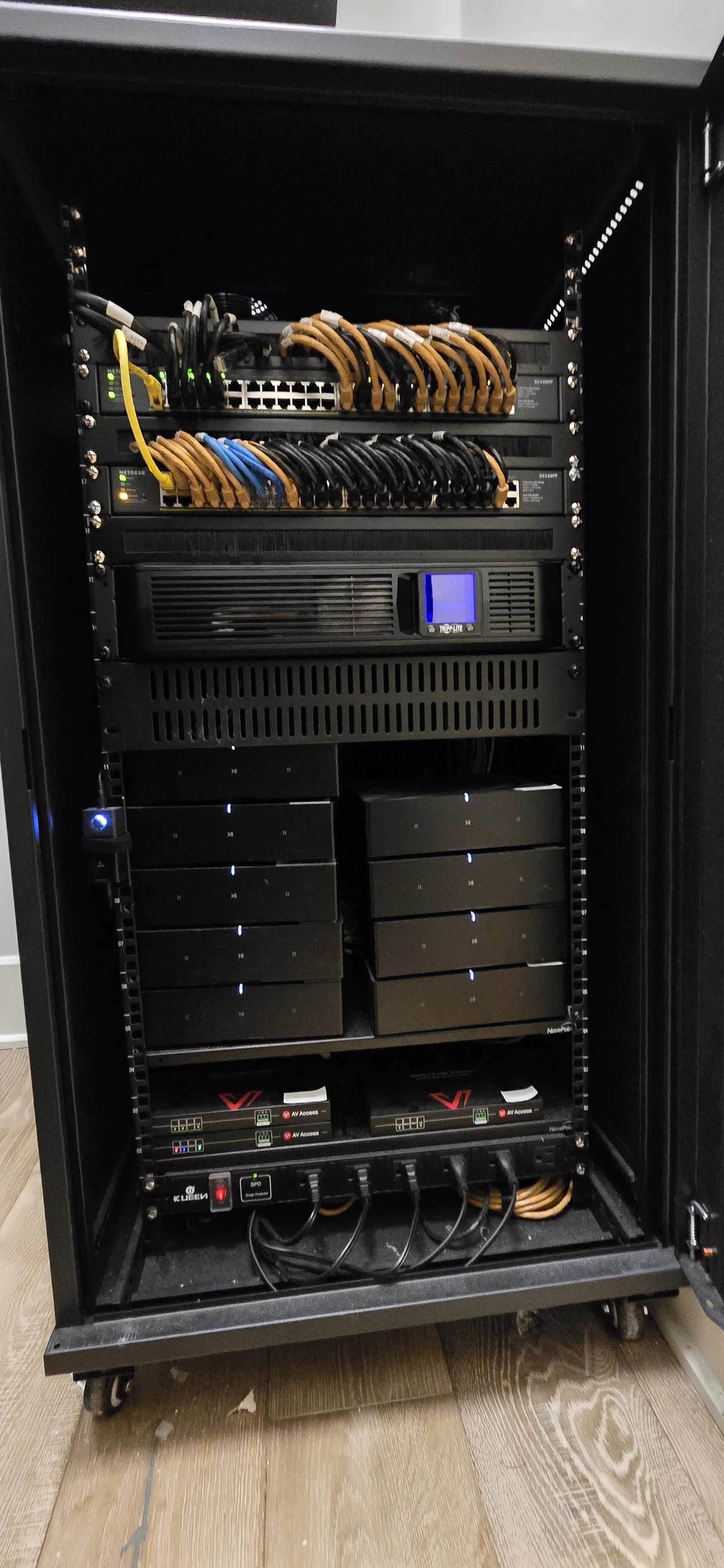 Main house equipment rack powering whole-home audio, Wi-Fi, and cameras across an estate property