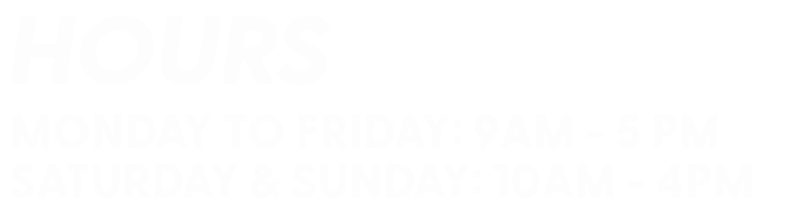 Sign displaying hours of operation with weekdays and times, on a black background in white text.
