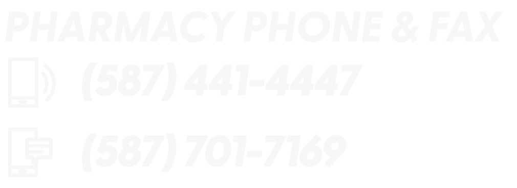 Sign for pharmacy with phone and fax numbers, including an icon of a phone and a fax machine.