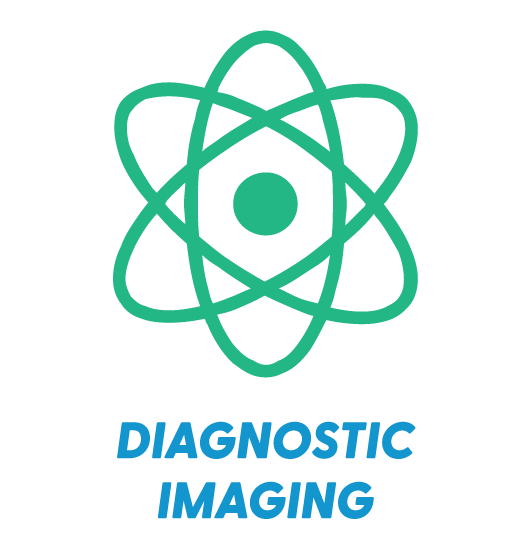An atom symbol with the words "Diagnostic Imaging" below in blue.