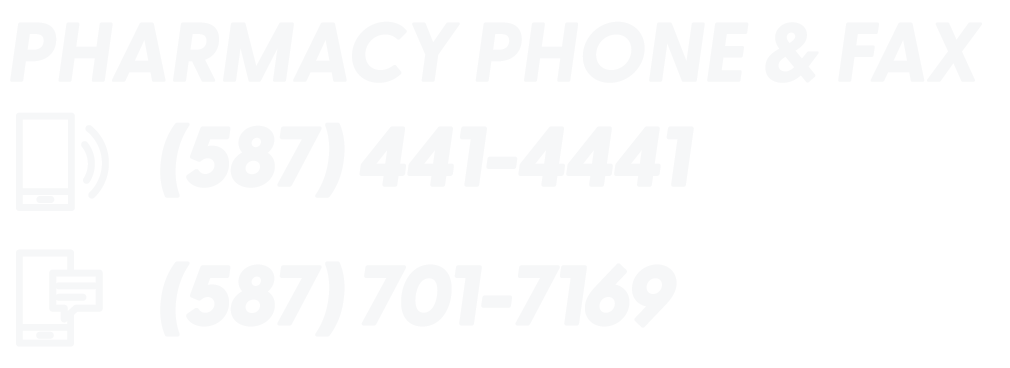 Sign for a pharmacy with phone and fax numbers, including icons of a phone and fax machine