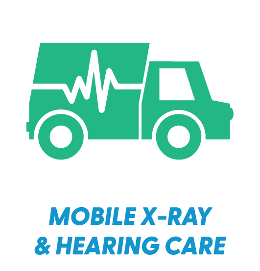 Icon of a vehicle with a heartbeat line, representing mobile X-ray and hearing care services.