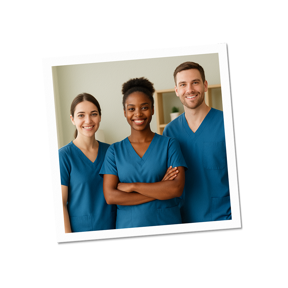Three healthcare professionals in blue scrubs standing together and smiling.