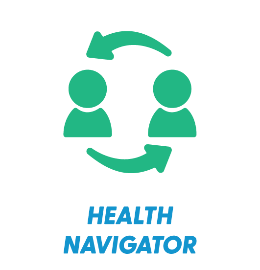 Icon of two people with arrows circling between them, indicating exchange or communication, and the words 'Health Navigator' below.