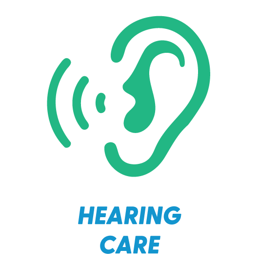 A teal outline of an ear and sound waves next to the words "HEARING CARE" in blue text.