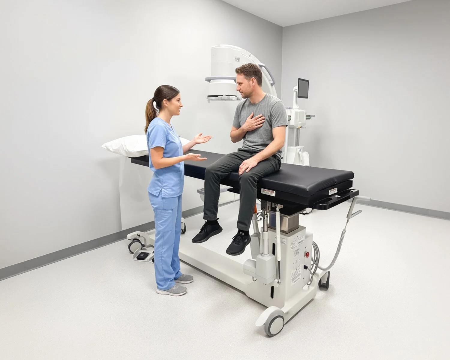 A man sitting on an examination table in a medical room talking to a nurse in blue scrubs.