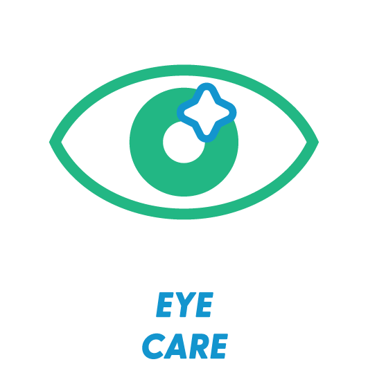 An eye icon with a star-shaped sparkle in the upper right part of the eye, and the words "EYE CARE" in blue text below.