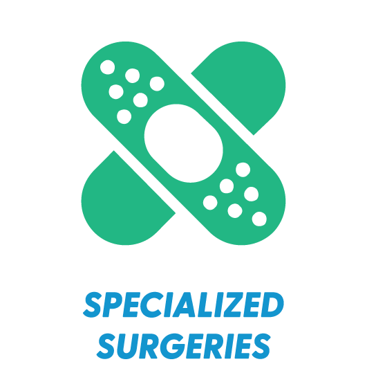 Illustration of two green bandages crossed in an X shape with the words "Specialized Surgeries" in blue below.