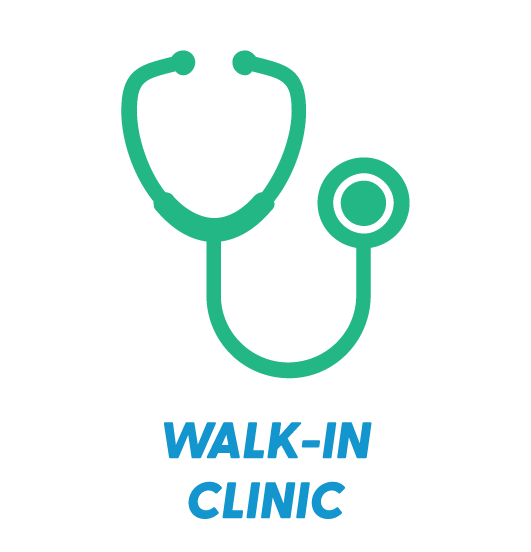 A medical logo featuring a stethoscope above the words 'WALK-IN CLINIC' in blue text.