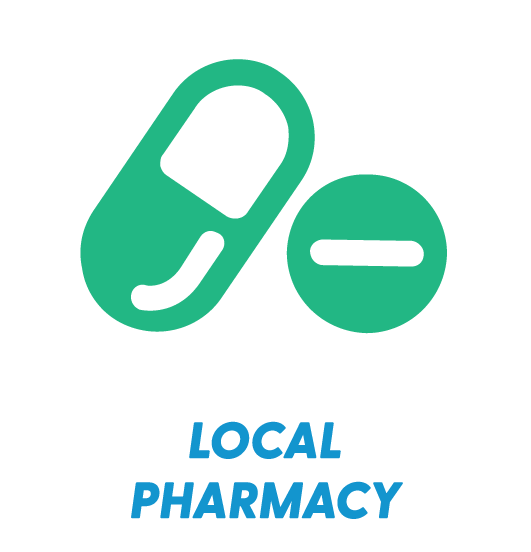 Icon of a pill and a tablet above the text 'Local Pharmacy' in blue.
