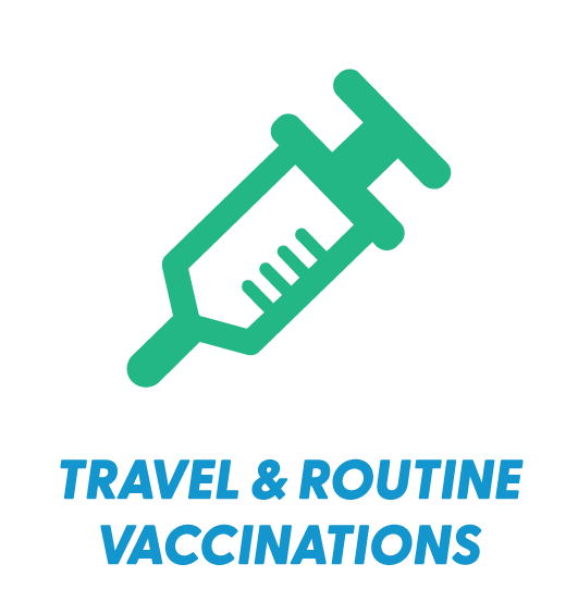 Icon of a syringe above the text "Travel & Routine Vaccinations" in blue, on a black background.