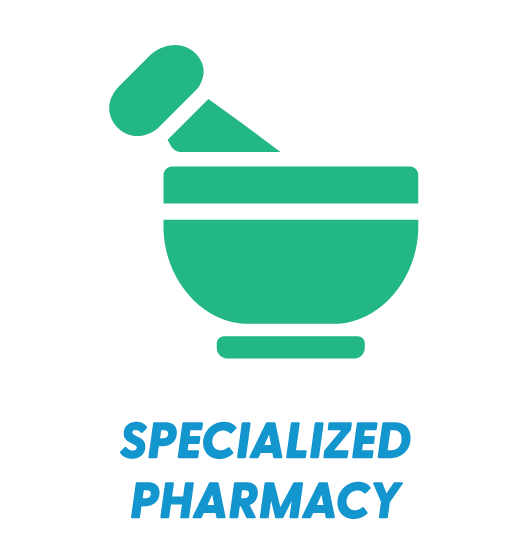 A teal pharmaceutical mortar and pestle icon with the text 'SPECIALIZED PHARMACY' in blue below it.