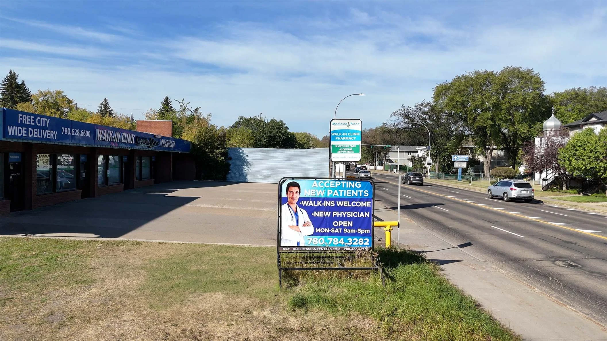 Signboard outside a medical clinic advertising accepting new patients, walk-ins welcome, and hours open Monday to Saturday from 9 am to 5 pm, with a phone number. Clinic building and street view in the background.