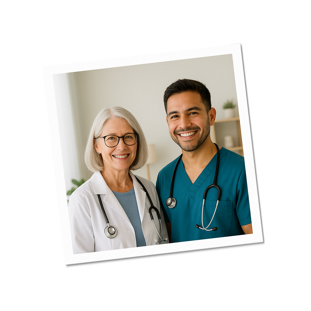 A smiling older female doctor and a smiling young male nurse or doctor standing side by side, both wearing medical scrubs and stethoscopes, inside a bright room.