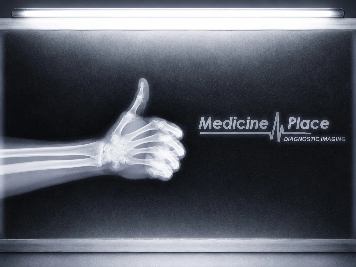 X-ray of a human hand giving a thumbs-up, with the words "Medicine Place" and "Diagnostic Imaging" written to the right of the image.