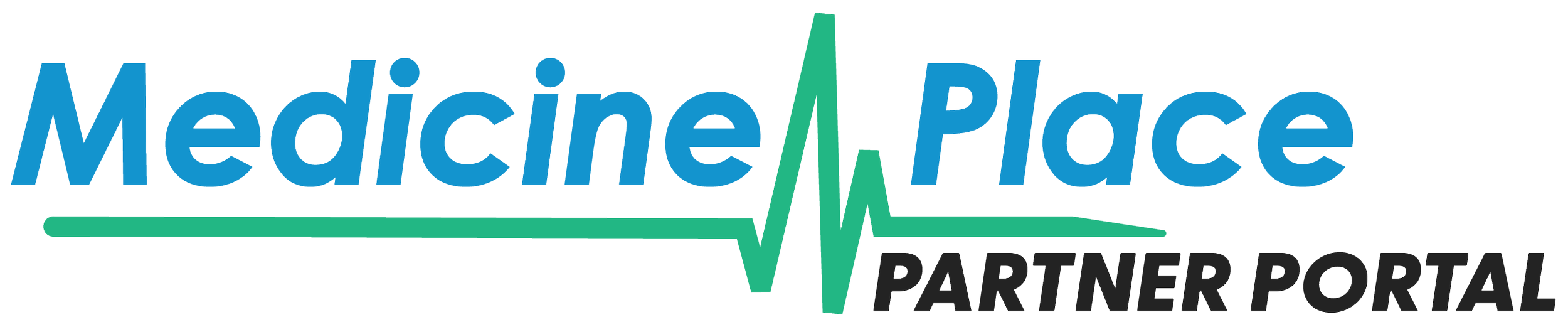 Logo for Medicine Place Partner Portal with stylized text and a heartbeat line.