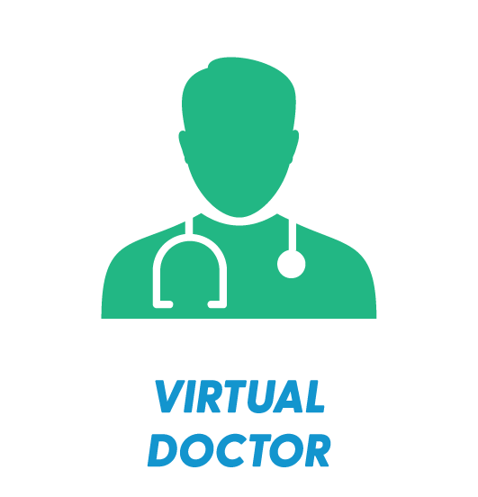 Icon of a silhouette of a doctor with a stethoscope, labeled 'VIRTUAL DOCTOR' in blue text.