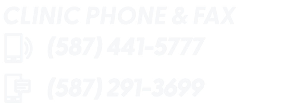 Sign displaying contact information for a clinic, with a phone icon and a landline number (587) 441-5777, and a fax icon with a number (587) 291-3699.