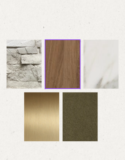 Collage of textures: stone, wooden surface, marble slab, gold metal, olive textile.