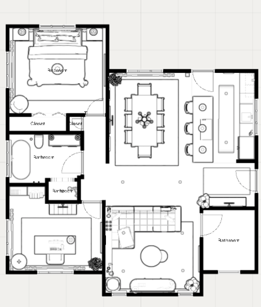 Curated floor plan of a house with bedrooms, bathroom, kitchen, dining area, and living room.