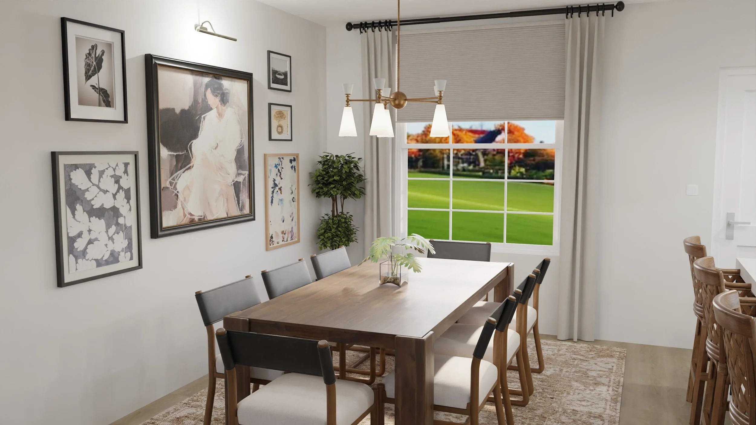 Modern/contemporary dining room with a wooden table and chairs, wall art, and plants