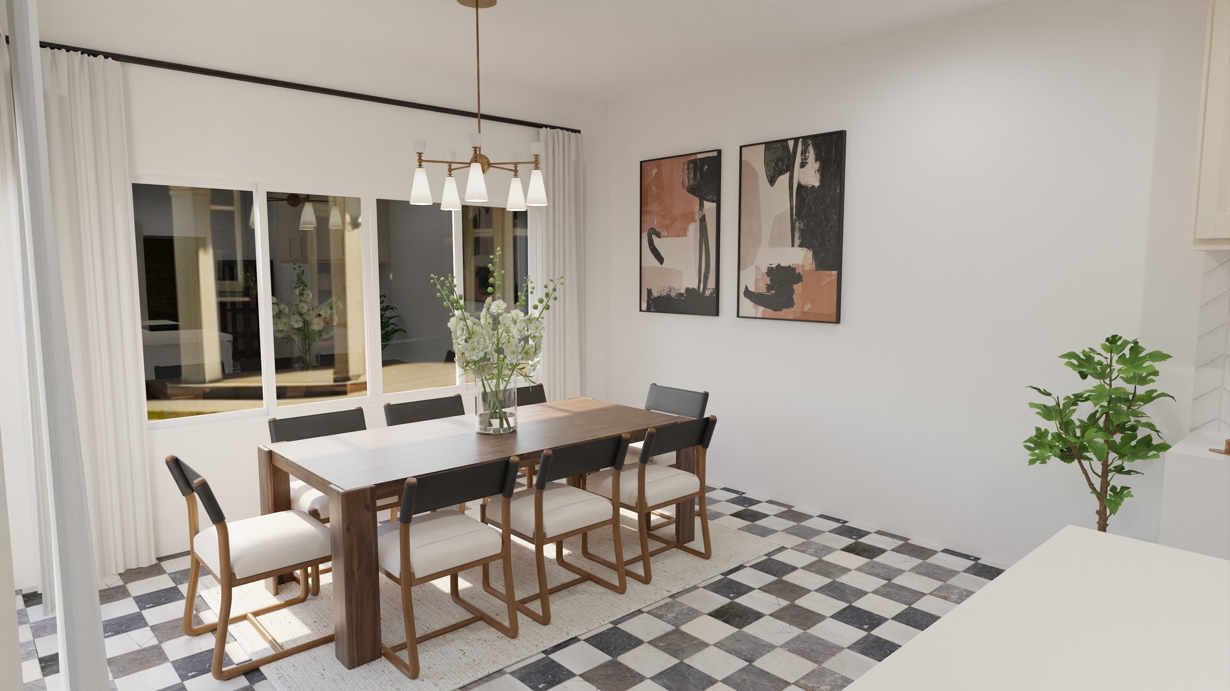 Modern/Contemporary dining room with wooden table, chairs, large window, abstract wall art, potted plant, and checkerboard floor tiles.