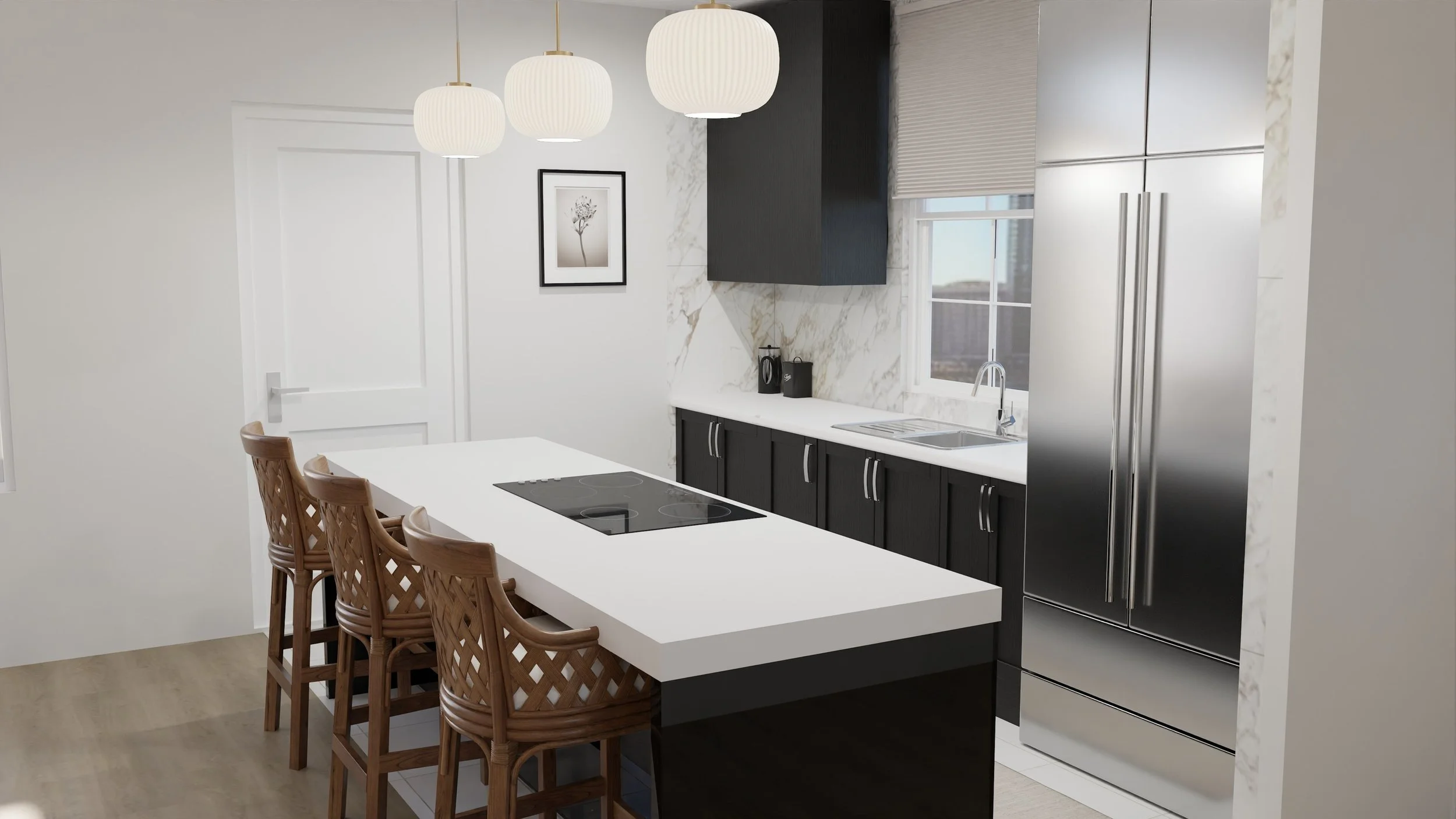 Contemporary kitchen with white island, bar stools, black cabinets, marble backsplash, stainless steel fridge, and pendant lights.