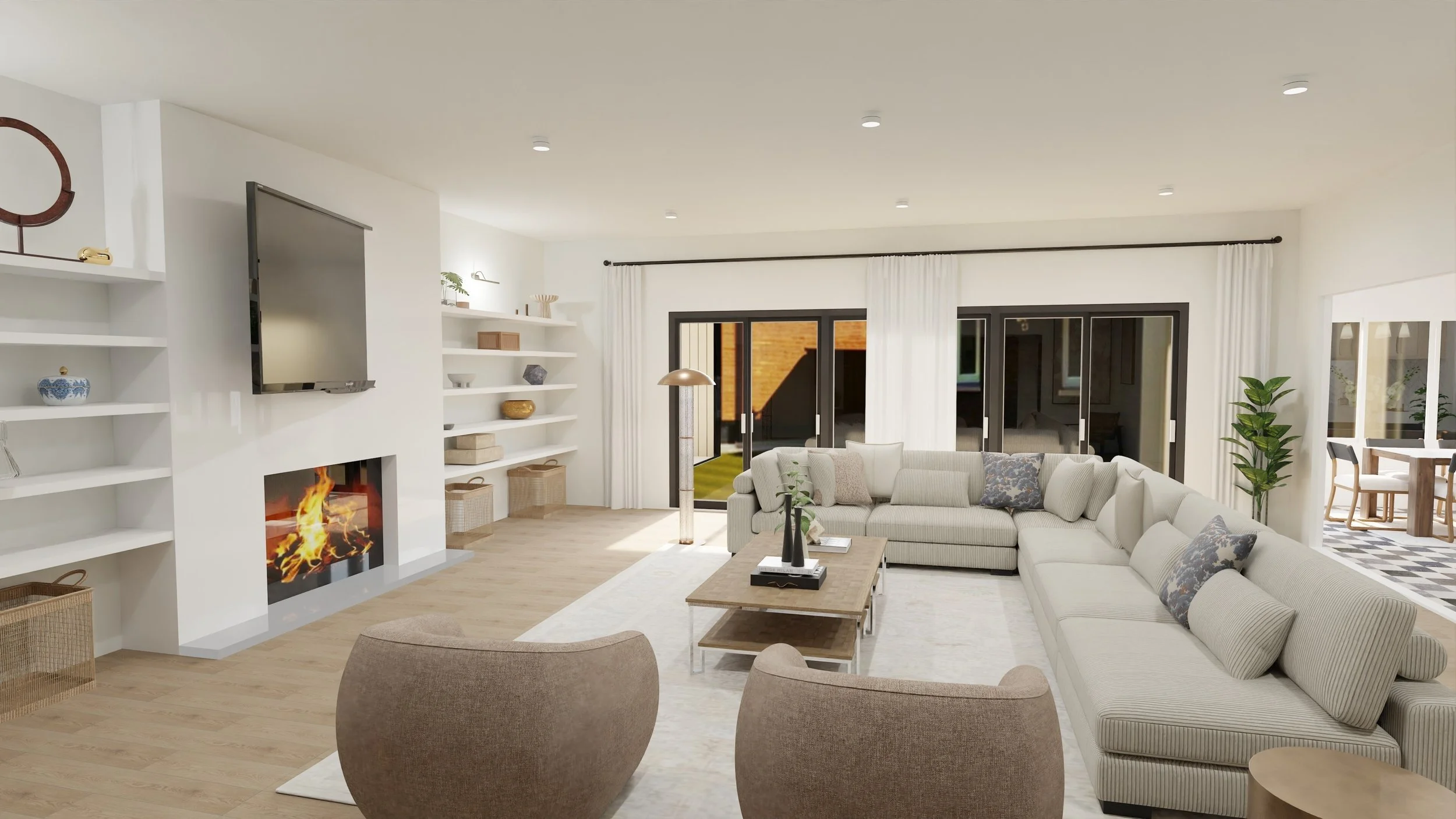 Contemporary living room with a large sectional sofa, flat-screen TV, fireplace, and built-in shelves. Features sliding glass doors, hardwood flooring, and contemporary decor.